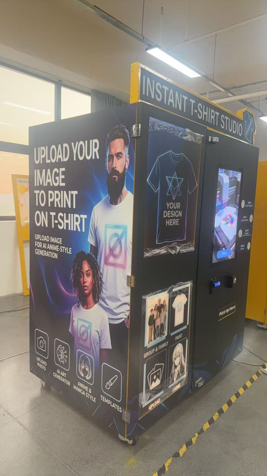 Three-quarter view of the full kiosk on locking casters