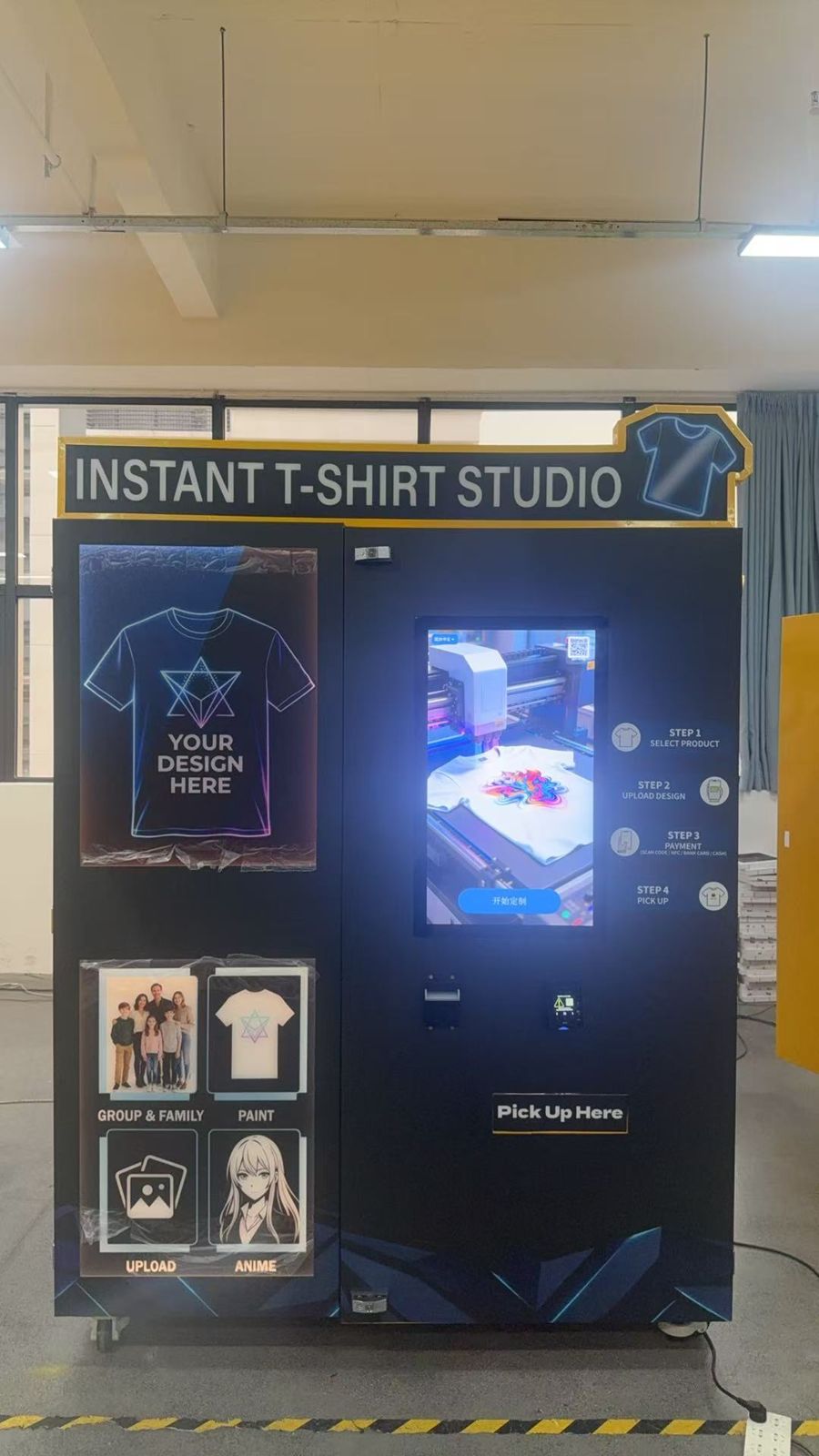 Front of the Instant T-Shirt Studio kiosk: touchscreen, four-step guide, card and cash readers, and pickup slot