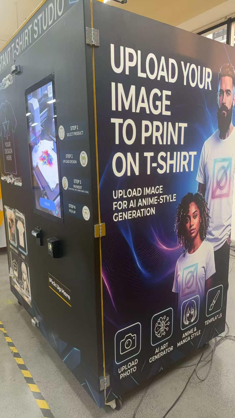 Side panel of the kiosk advertising photo upload, AI art generator, anime style, and templates